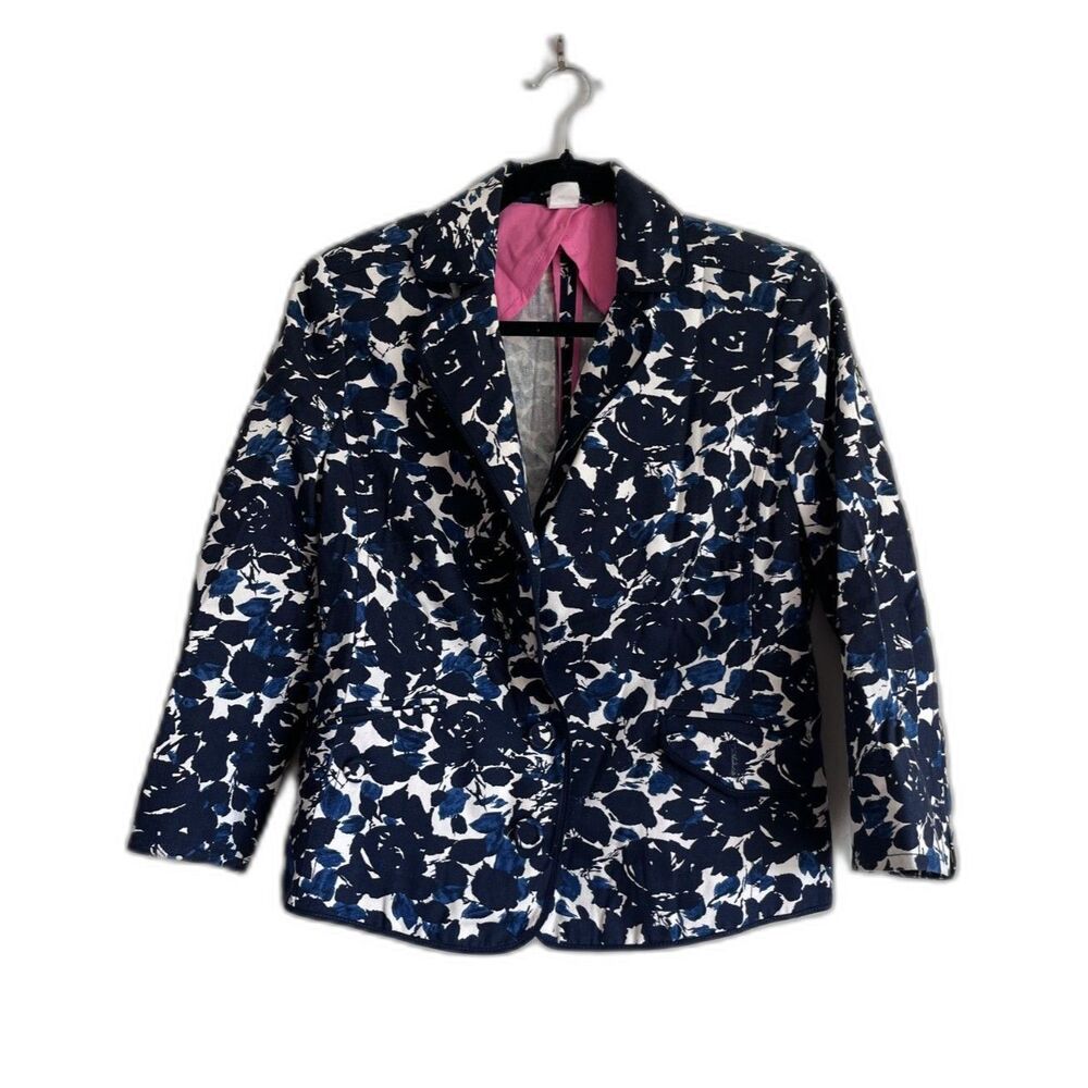 J.Crew Womens Floral Cotton Blazer Jacket Navy Blue Ivory Pink Lining Size L